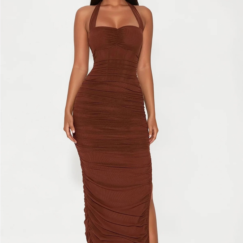 NWT Fashion nova runched halter corset midi slit dress